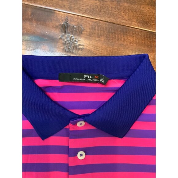 RLX Ralph Lauren Blue Pink Striped Short Sleeve Polo Shirt, Size L - Picture 2 of 4